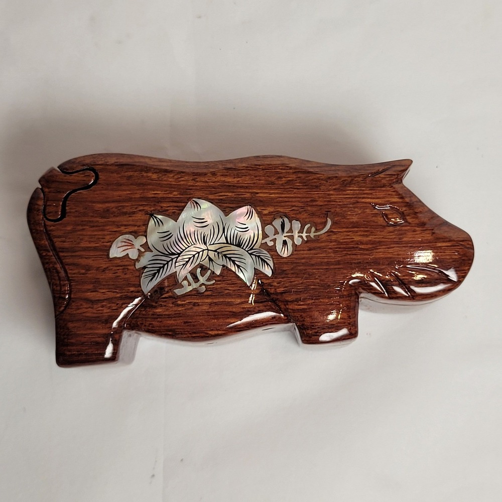 Wooden Pig Trinket Puzzle Box Mother of Pearl Inlay Secret Stash Hidden‎
